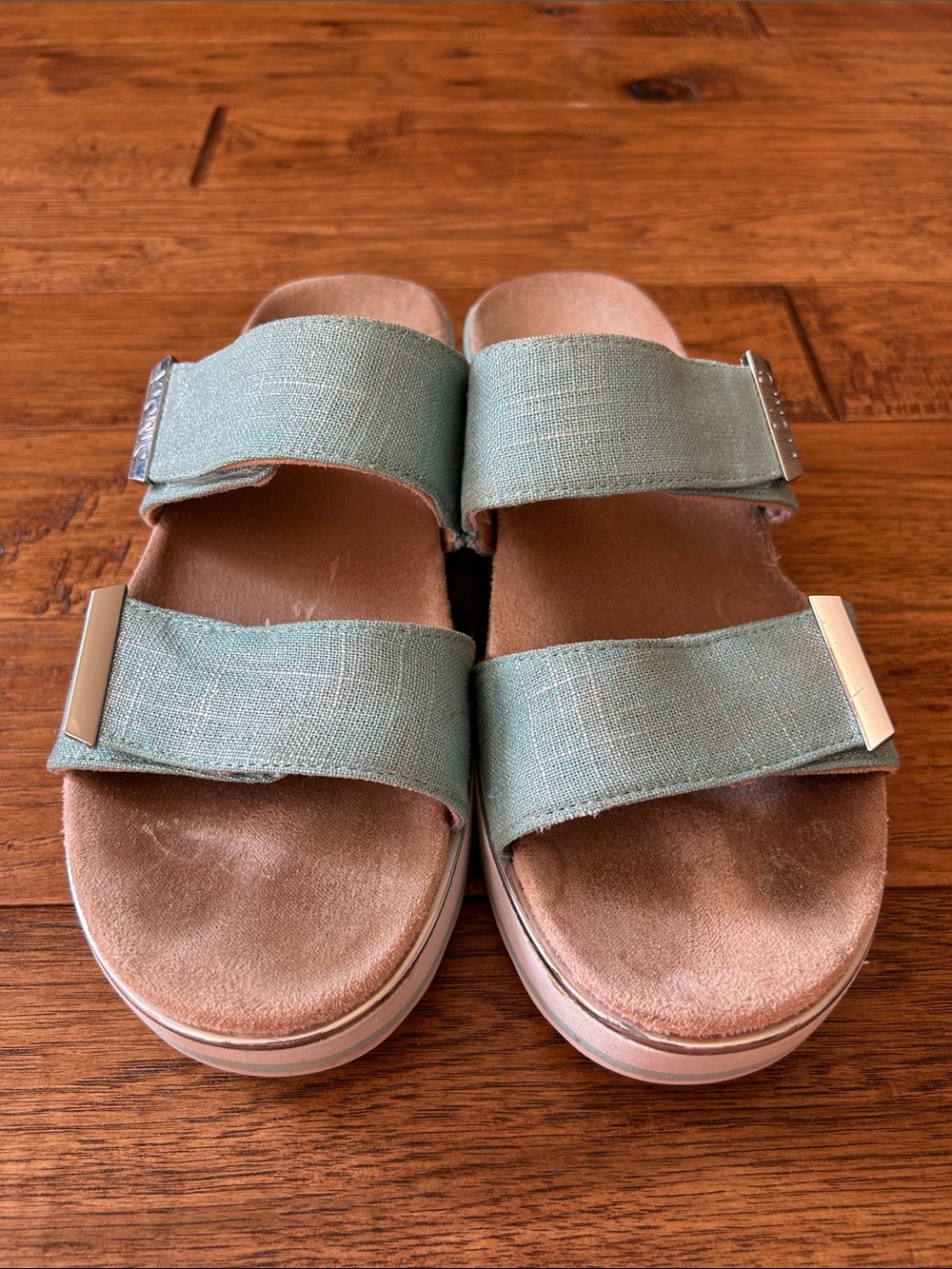 Vionic Brandie Platform Slide Sandals Aqua Linen Orthotic Comfort Size 11 - Picture 3 of 10
